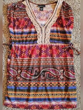 Bohemian Multicolor Paisley & Stripe V-Neck Tunic Sleeveless V-Neck Tank-Top